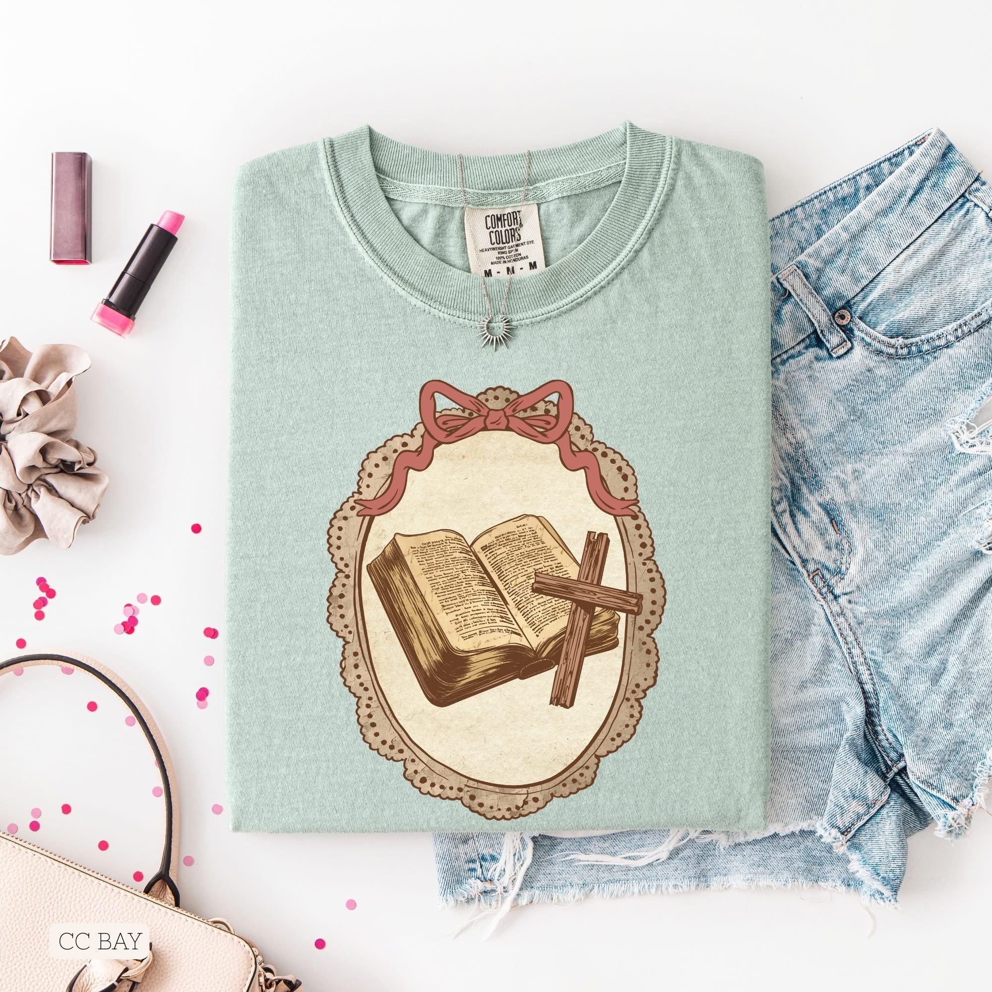 Bible & Cross in frame with bow